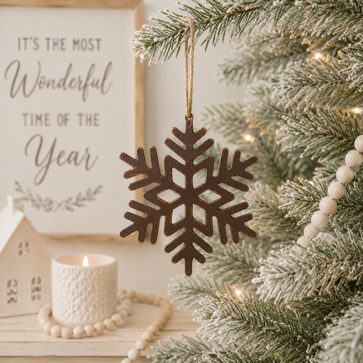 7" Wood Ornament - Snowflake | Natural