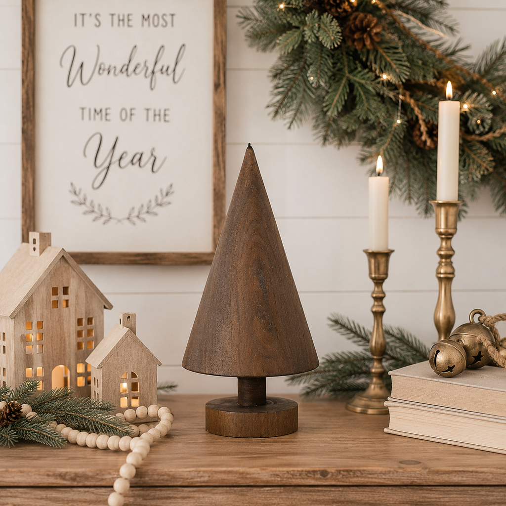 9" Wood Cutout on Stand - Christmas Tree | Brown