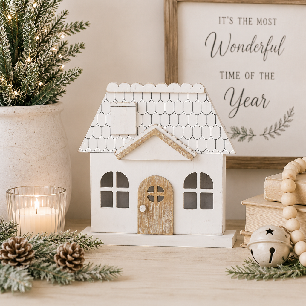 9" x 9" Wood Cutout - House | White and Natural