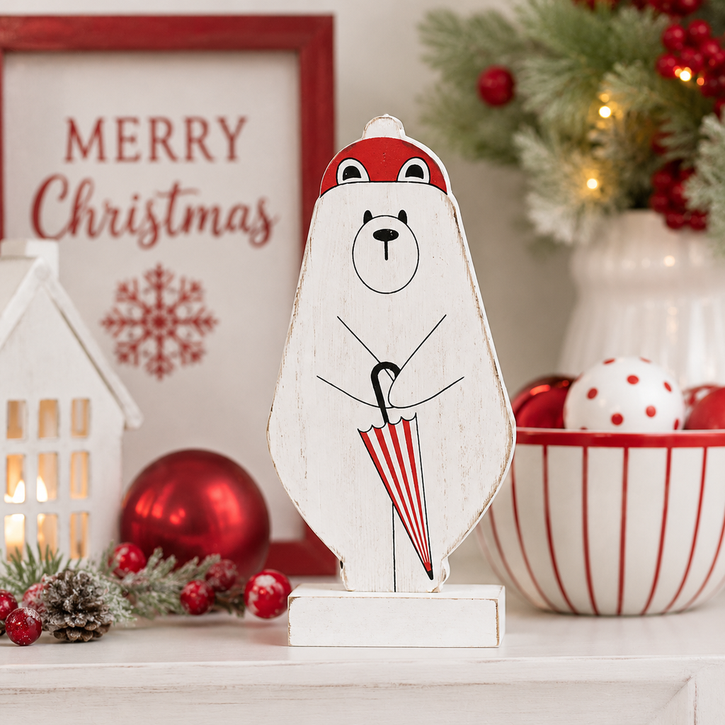 5" Wood Cutout on Base - Polar Bear | White, Red and Black