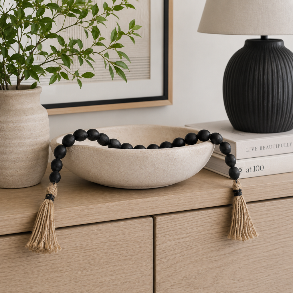 25" Wood Bead Garland with Tassels - Black and Brown
