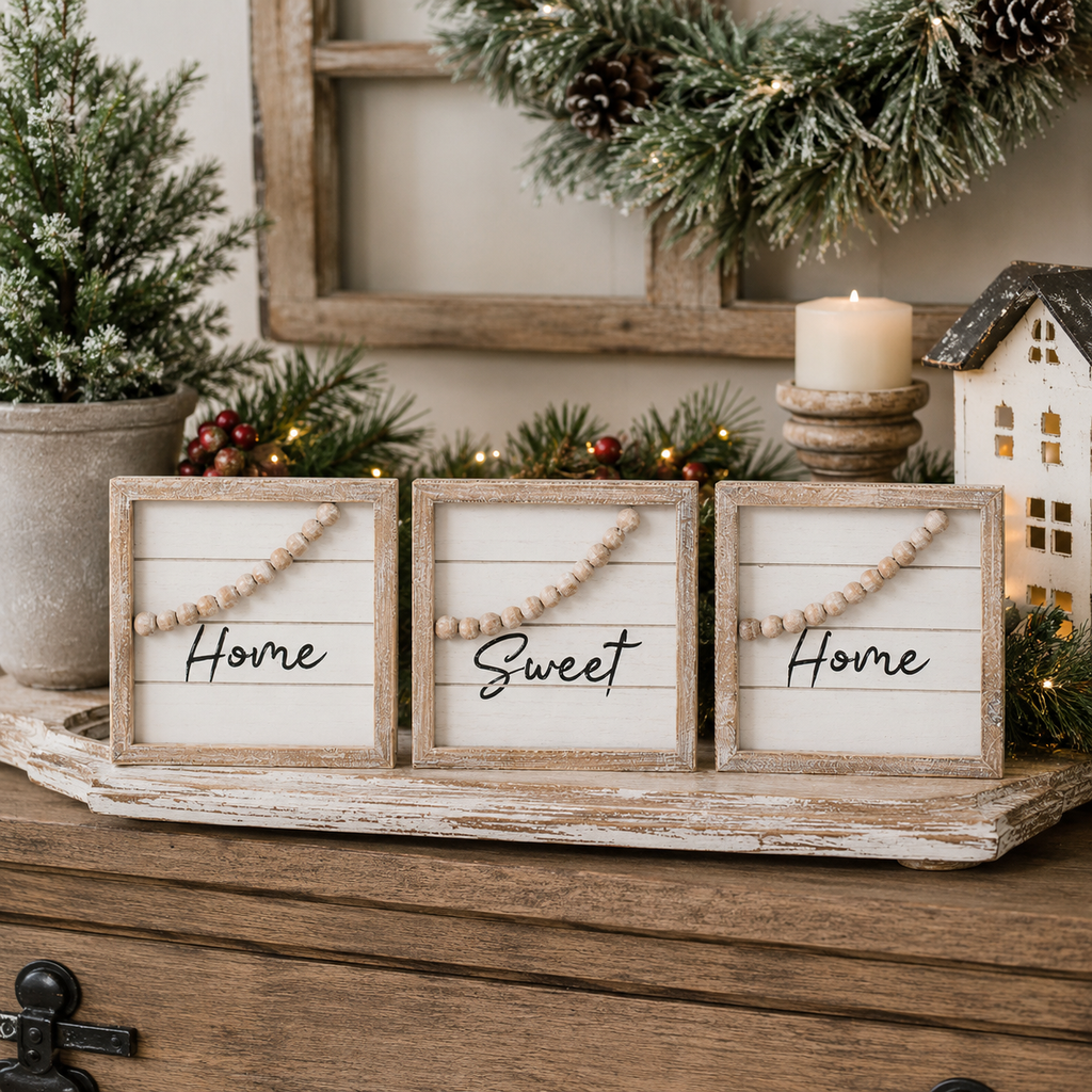 8" Reversible Wood Frame Beaded Shiplap Sign Set - Merry/Home | Cottage Christmas Collection (Set of 3)