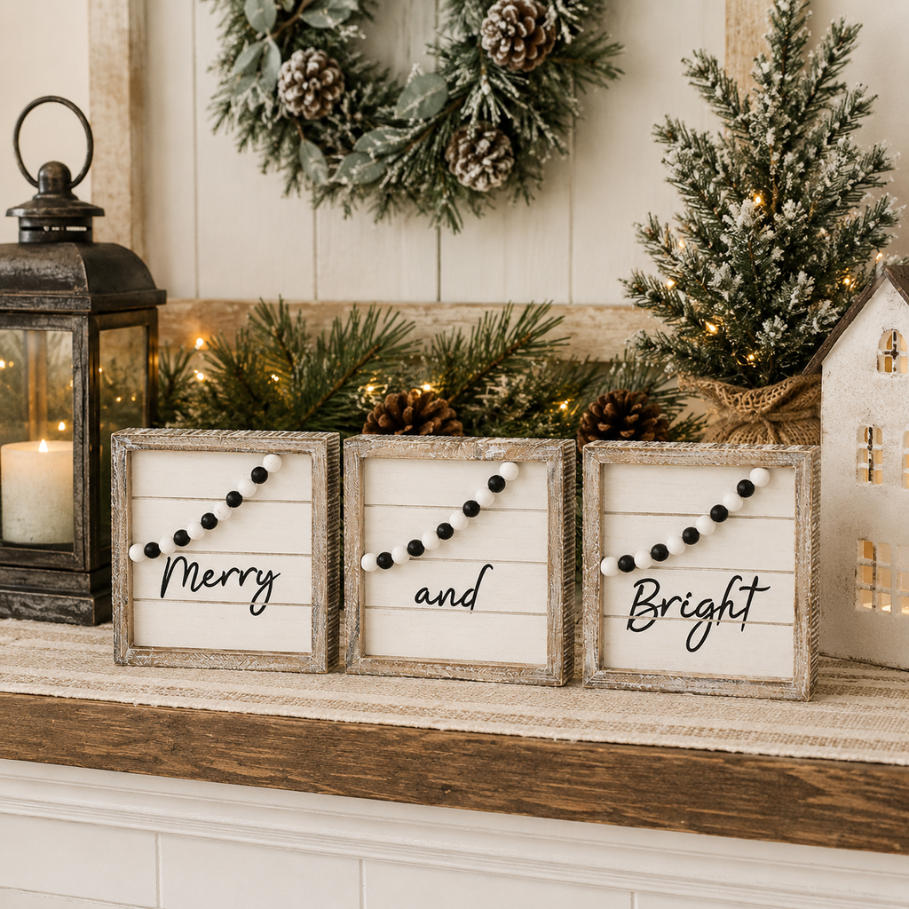 8" Reversible Wood Frame Beaded Shiplap Sign Set - Merry/Home | Cottage Christmas Collection (Set of 3)