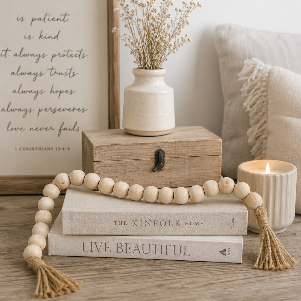 24" Wood Bead Garland with Tassels - Natural