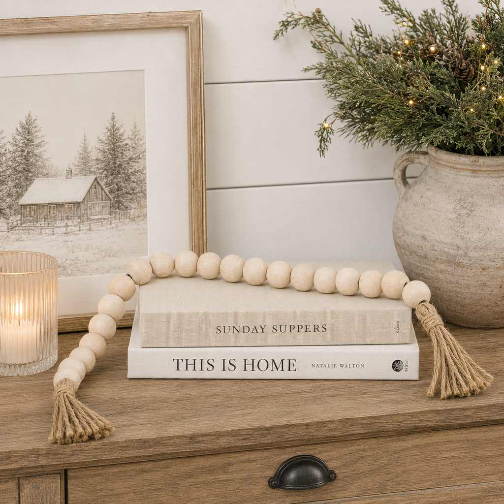 24" Wood Bead Garland with Tassels - Natural