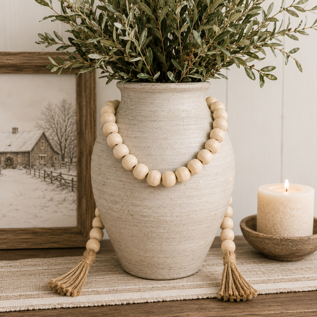 24" Wood Bead Garland with Tassels - Natural