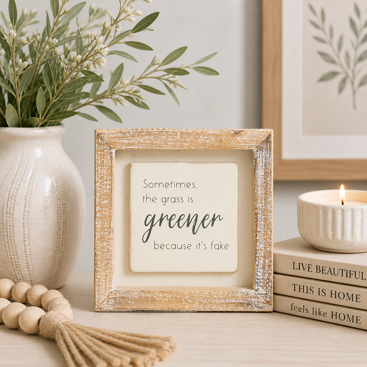 5" Wood Frame Sign - Greener Grass | White and Gray