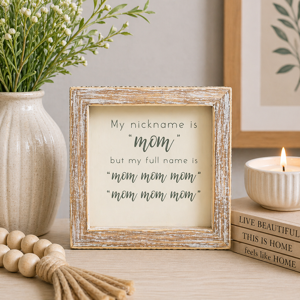 5" Wood Frame Sign - Mom Mom Mom | White and Gray