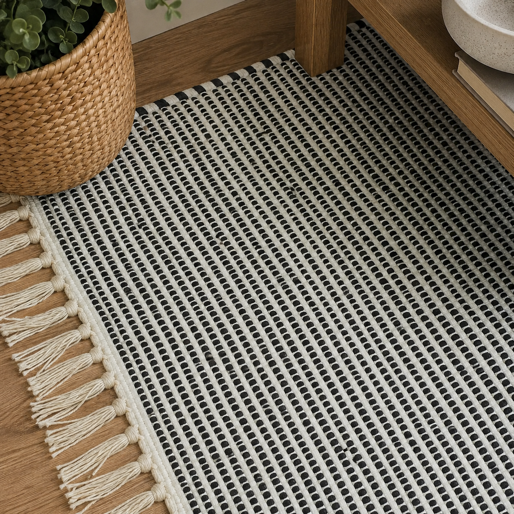 24" x 35" Handcrafted Jute Chindi Rug - Black and White