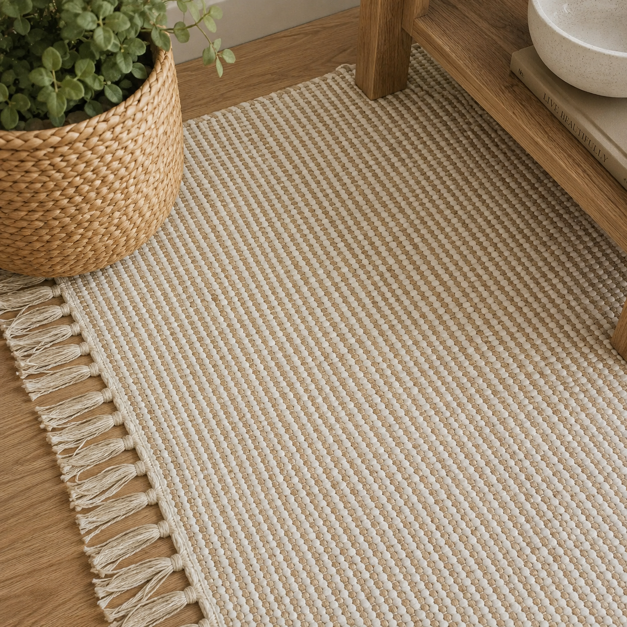 24" x 35" Handcrafted Jute Chindi Rug with Fringes - Natural White