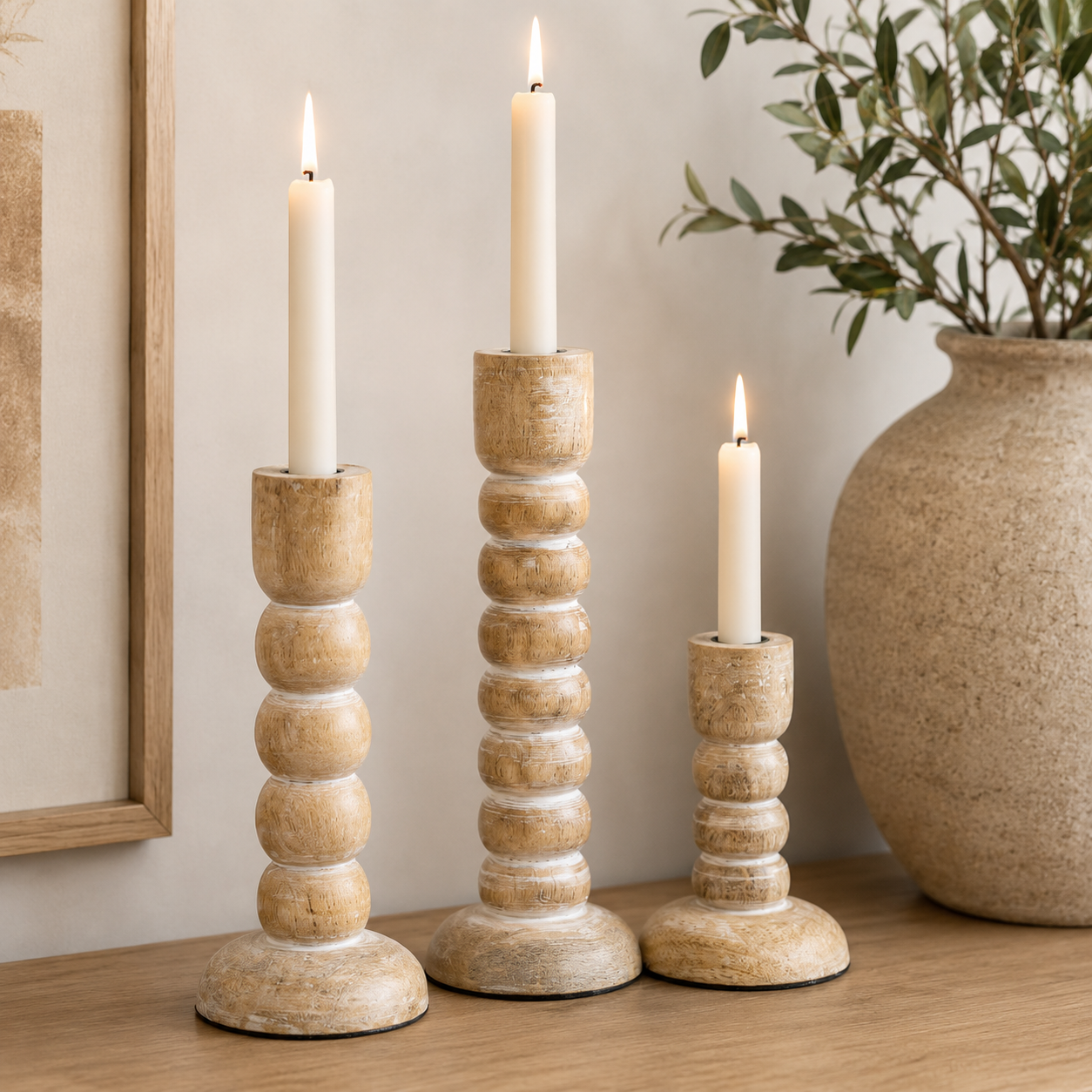 Mango Wood Candle Holder Set - Natural and White (Set of 3)