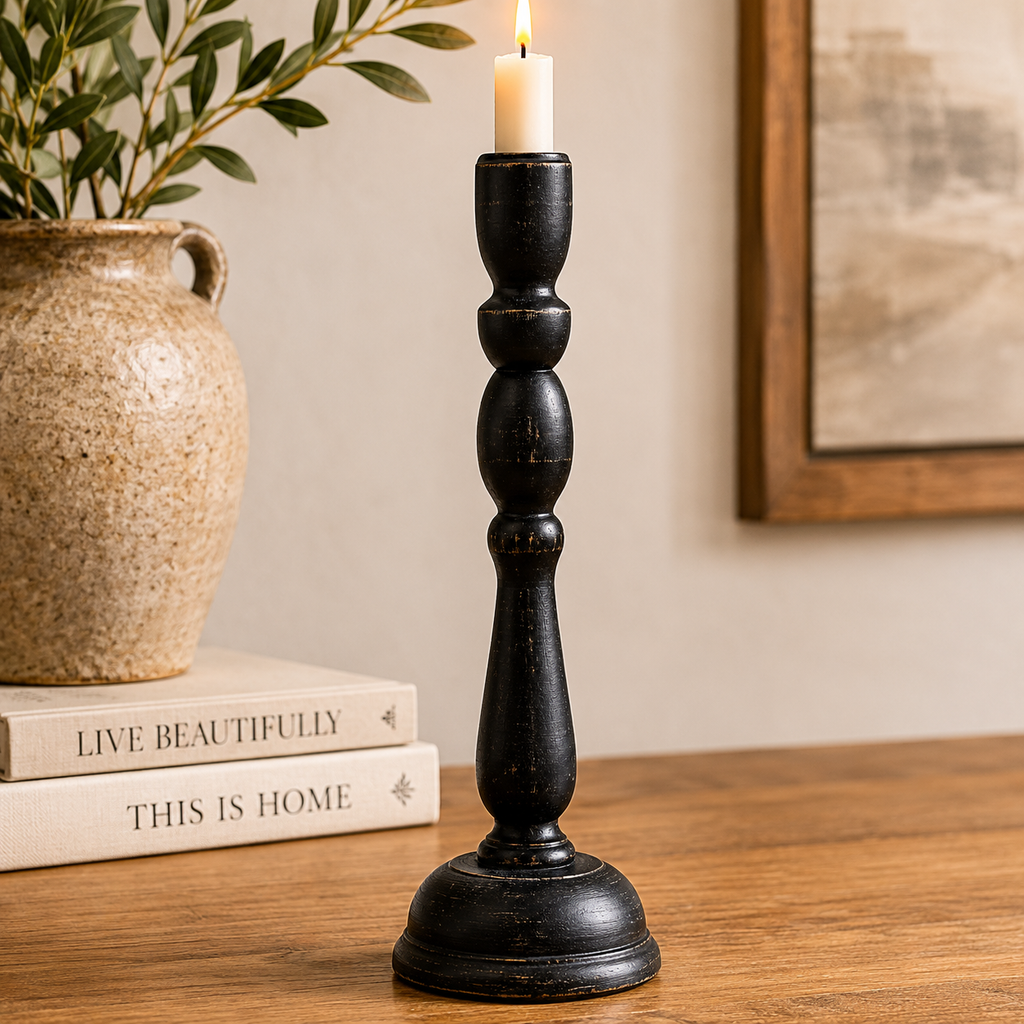 15" Wood Candle Holder - Black