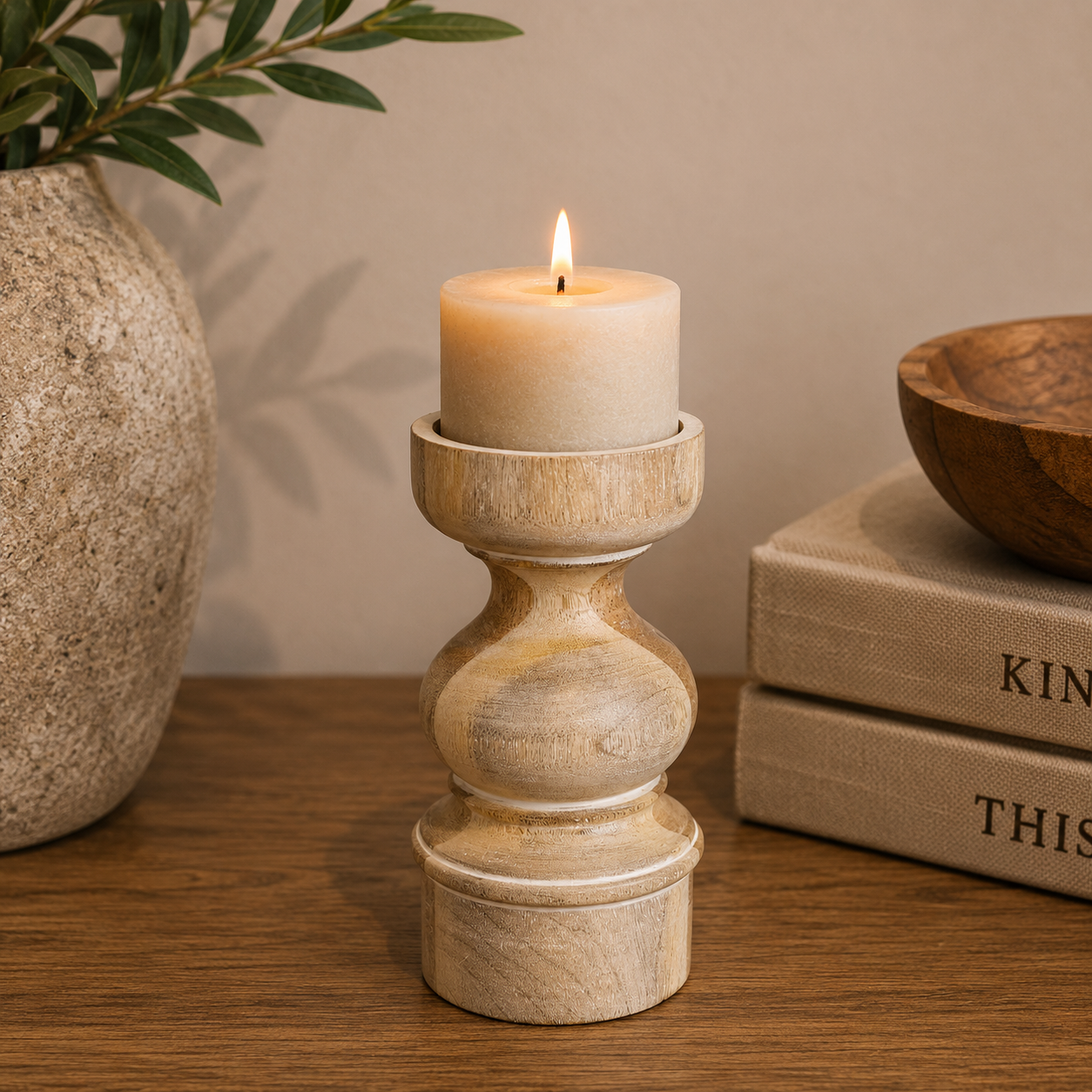 8" Mango Wood Candle Holder - Natural and White
