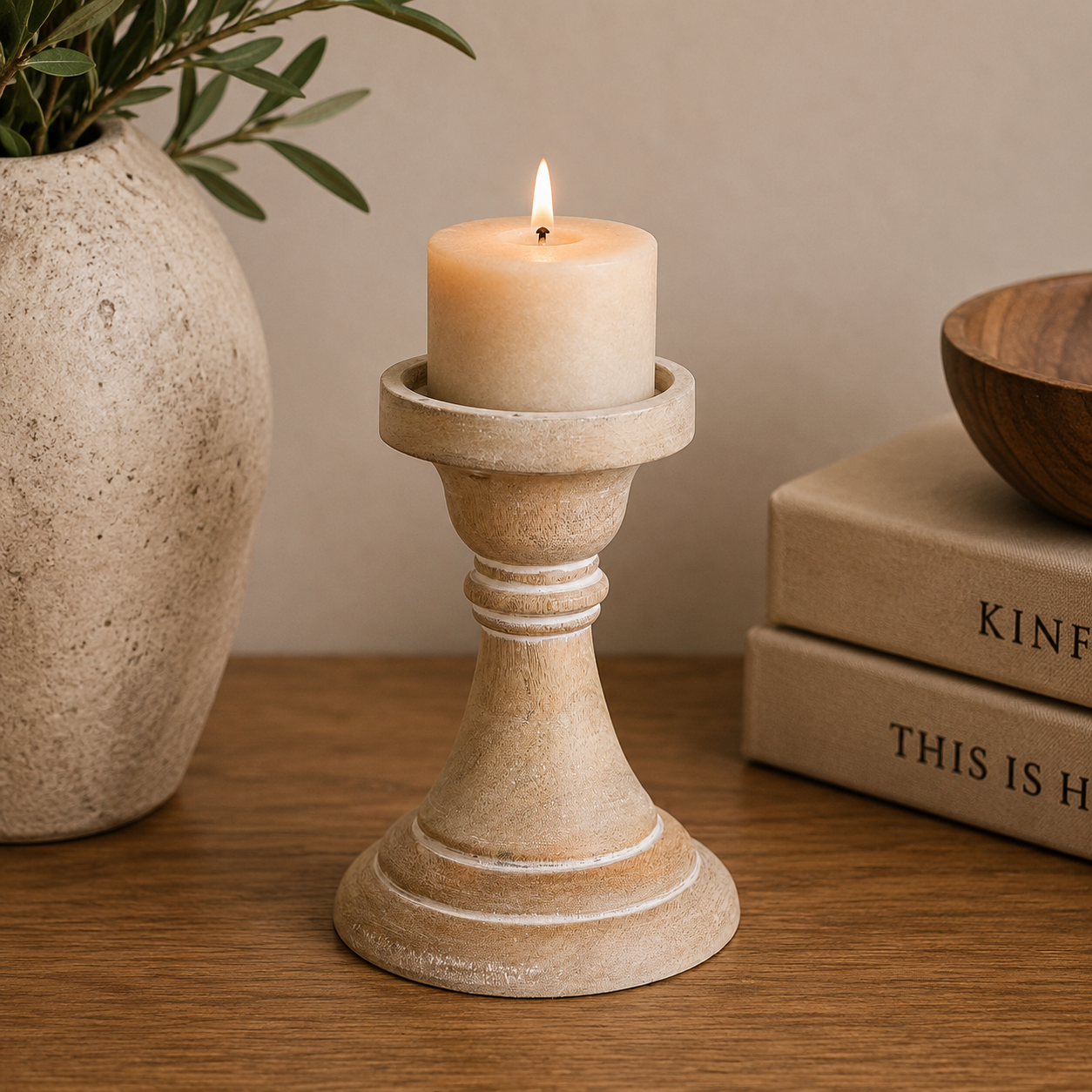 6" Mango Wood Candle Holder - White Washed