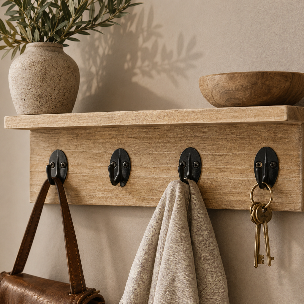 10" Wood Shelf with Ledge & 4 Hooks - Natural and Black