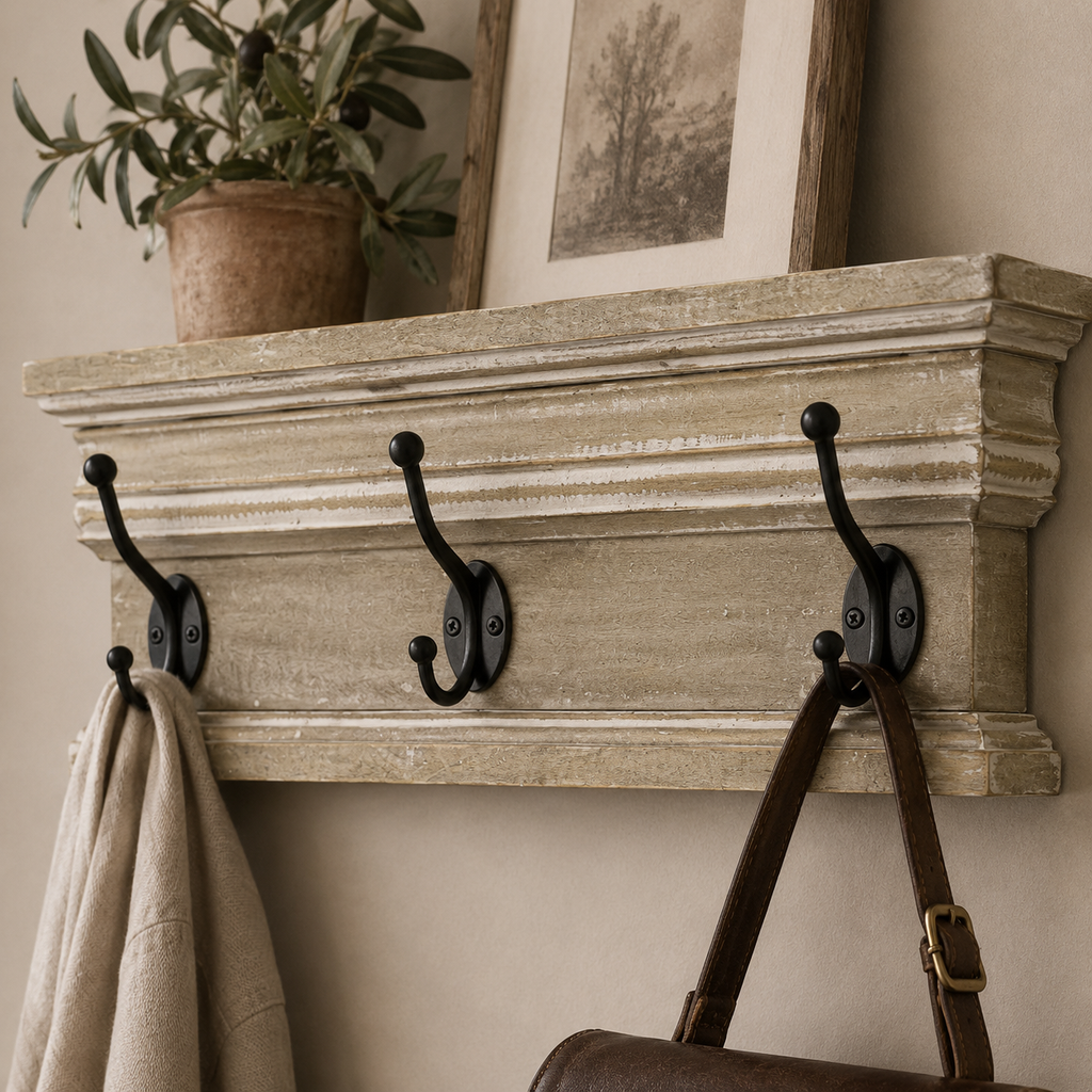 19" Mango Wood Shelf with 3 Hooks - Natural, Black and White