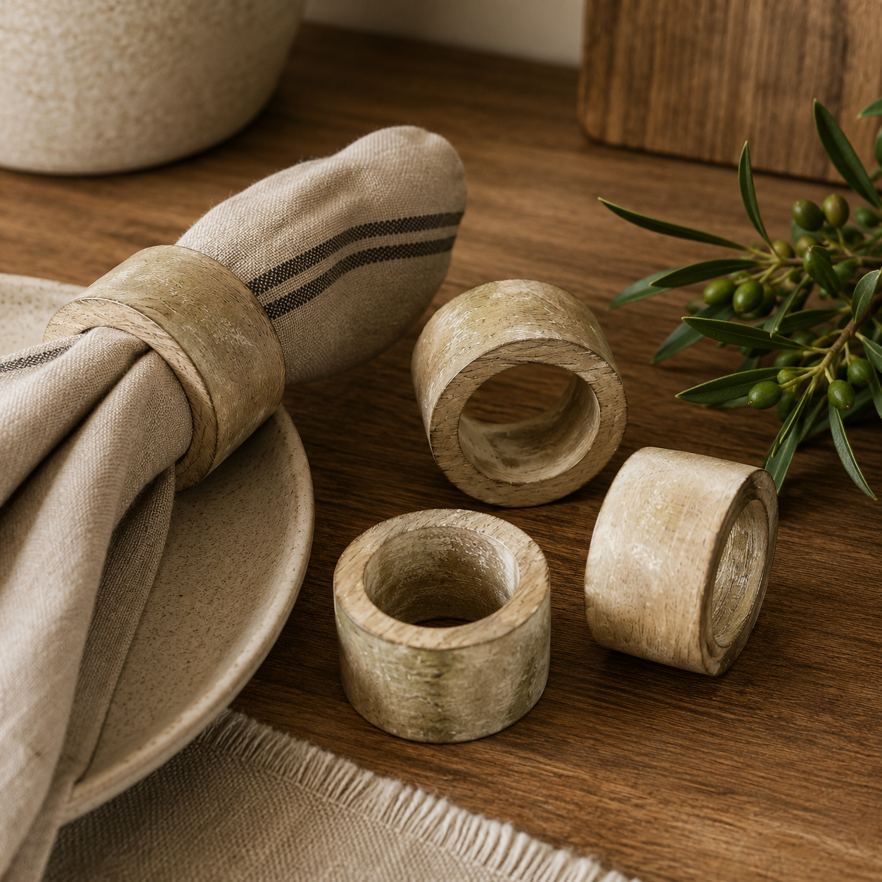 3" Mango Wood Round Napkin Rings - Natural (Set of 4)