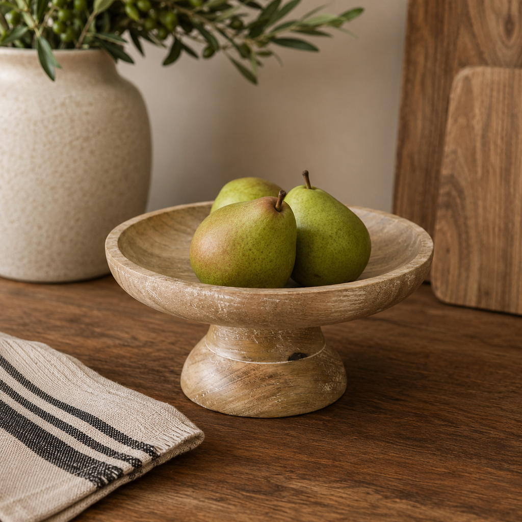 10" Mango Wood Pedestal Bowl - Natural White