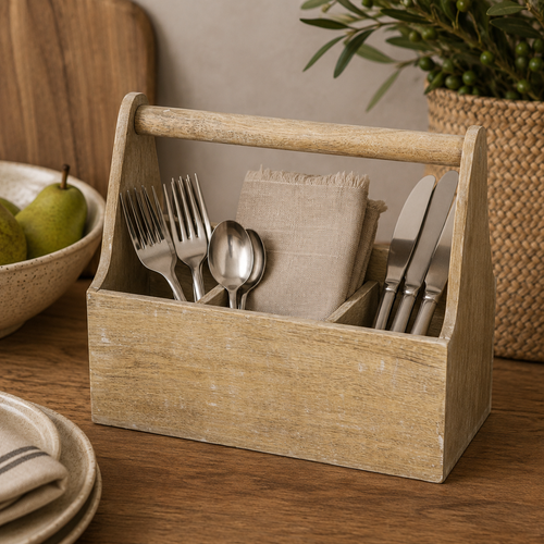 14" Mango Wood Caddy with Handle - Natural White