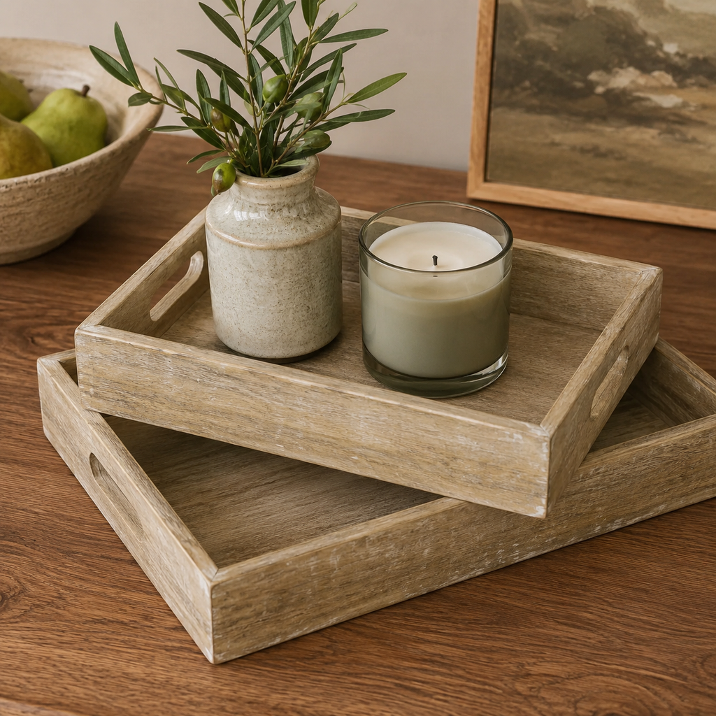 Mango Wood Nested Trays - Natural and White (Set of 2)