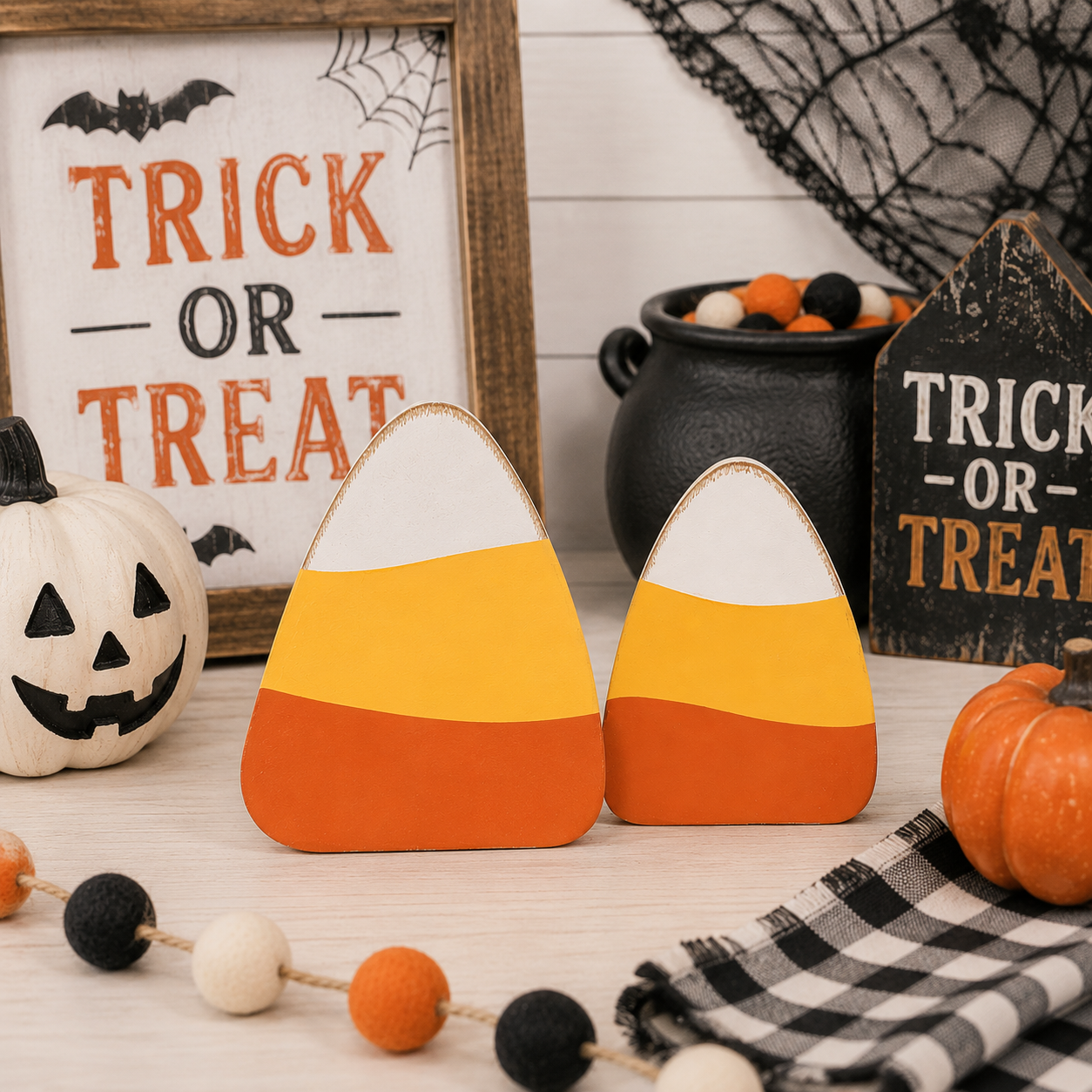 5" Reversible Wood Cutout - Candy Corn | Multicolor | Pumpkins and Sweets Collection