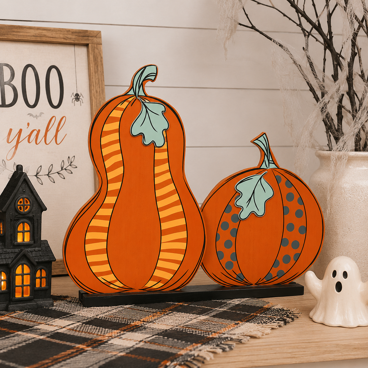 19" Reversible Wood Cutout on Base - Pumpkins | Multicolor | Sweet and Spooky