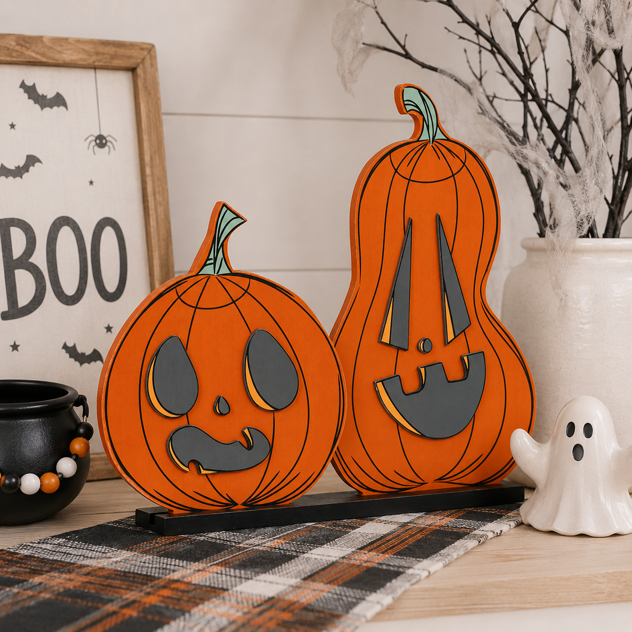 19" Reversible Wood Cutout on Base - Pumpkins | Multicolor | Sweet and Spooky
