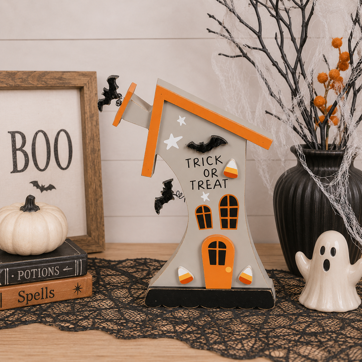 14" Wood Cutout House - Trick | Multicolor | Pumpkins and Sweets Collection