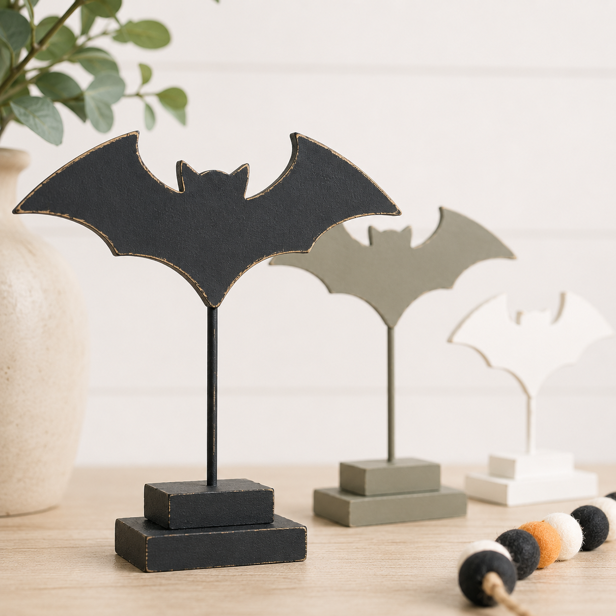 Set of 3 Wood Cutout on Stand — Bats | Multicolor