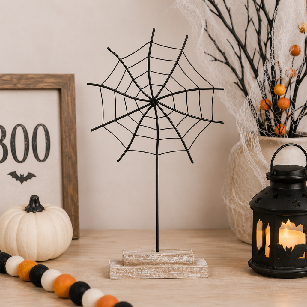 15" Metal Cutout on Stand - Spider Web | Black | Sweet and Spooky Collection