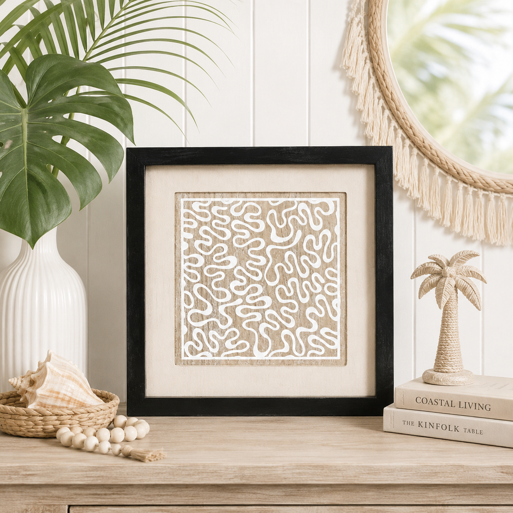12" Reversible Wood Frame Sign - Monstera/Squiggle | Multicolor | Neutral Mod Collection