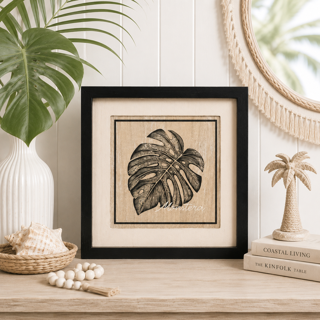 12" Reversible Wood Frame Sign - Monstera/Squiggle | Multicolor | Neutral Mod Collection