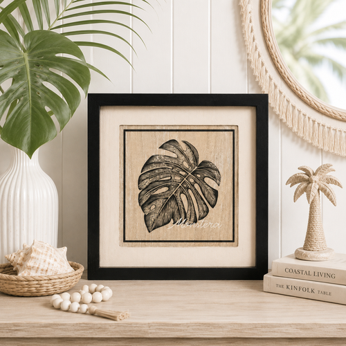 12" Reversible Wood Frame Sign - Monstera/Squiggle | Multicolor | Neutral Mod Collection
