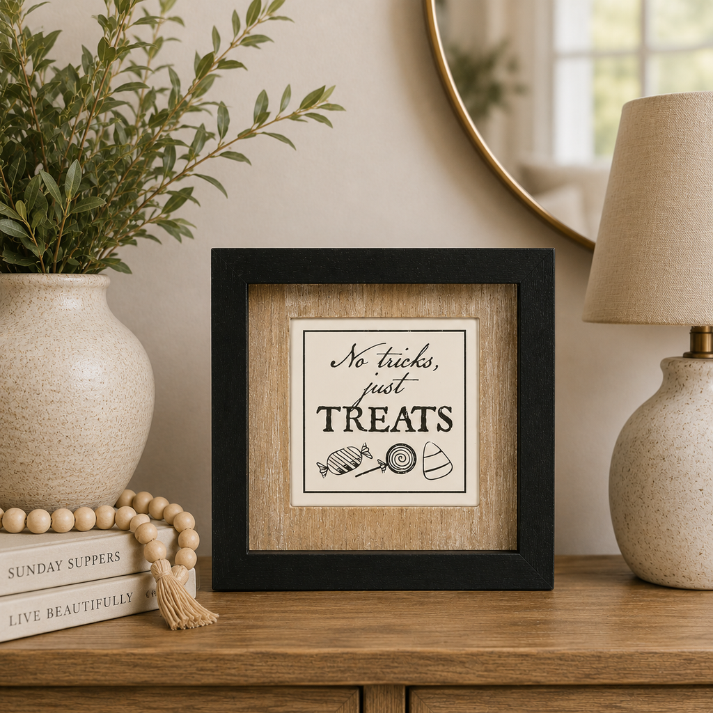 7" Reversible Wood Frame Sign - Treats/Eat | Natural, White and Black | Sweet & Spooky Collection