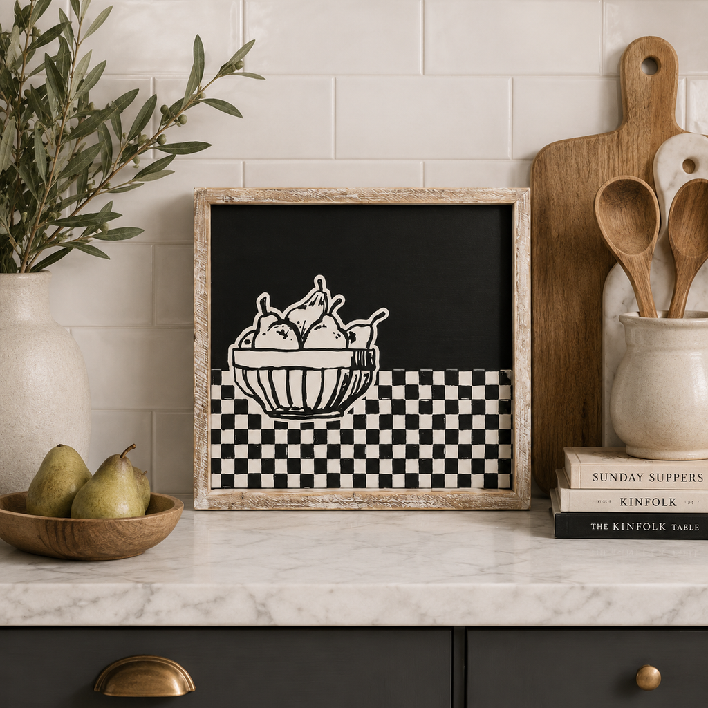 19" x 17" Reversible Wood Frame Sign - House/Fruits | Multicolor