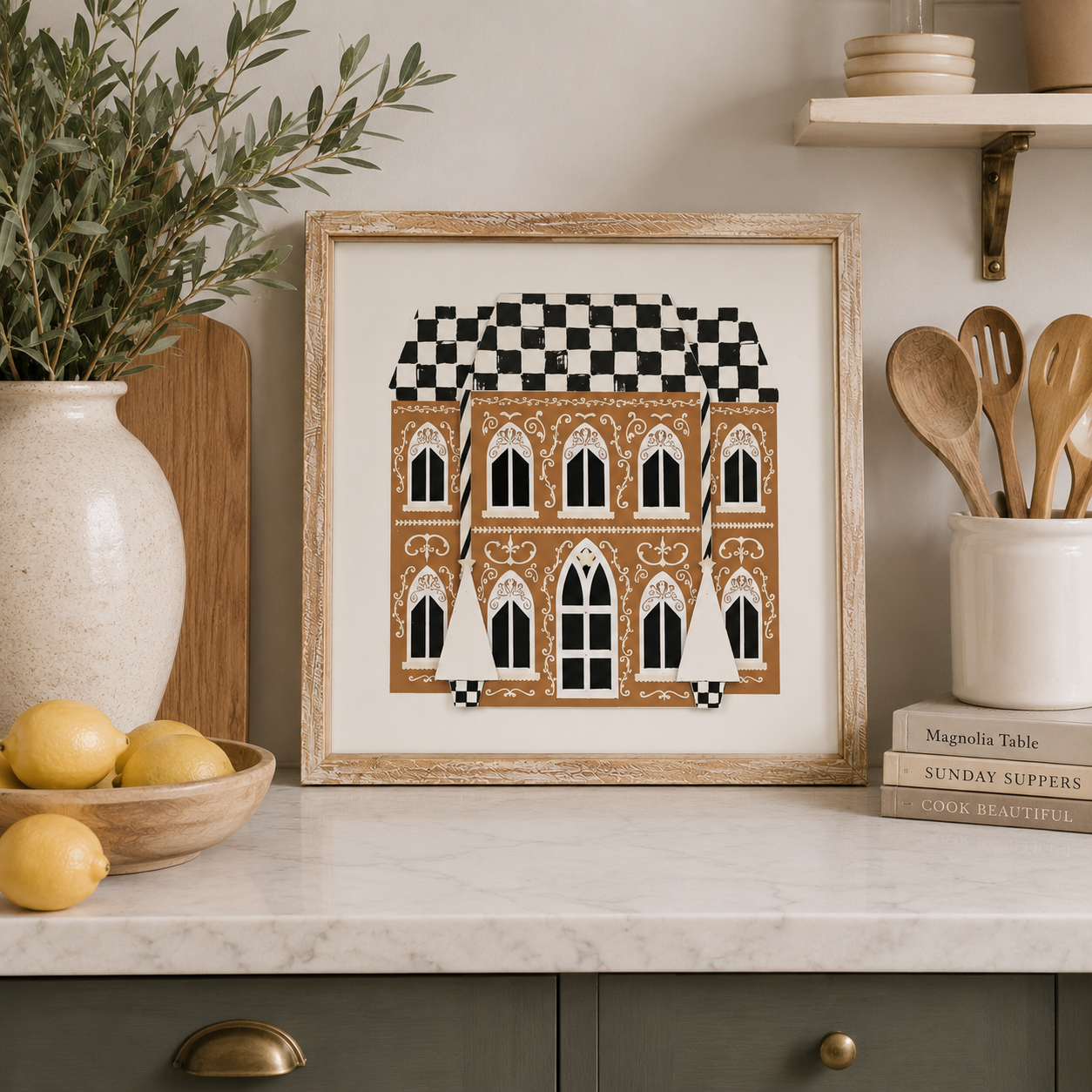 19" x 17" Reversible Wood Frame Sign - House/Fruits | Multicolor