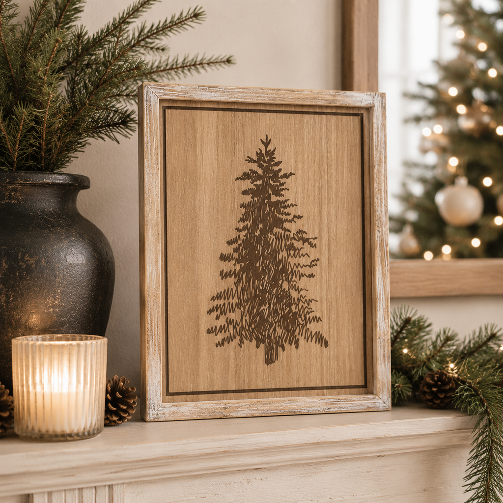 13" x 17" Reversible Wood Frame Sign - Santa/Tree | Natural & White | Mid Century Collection