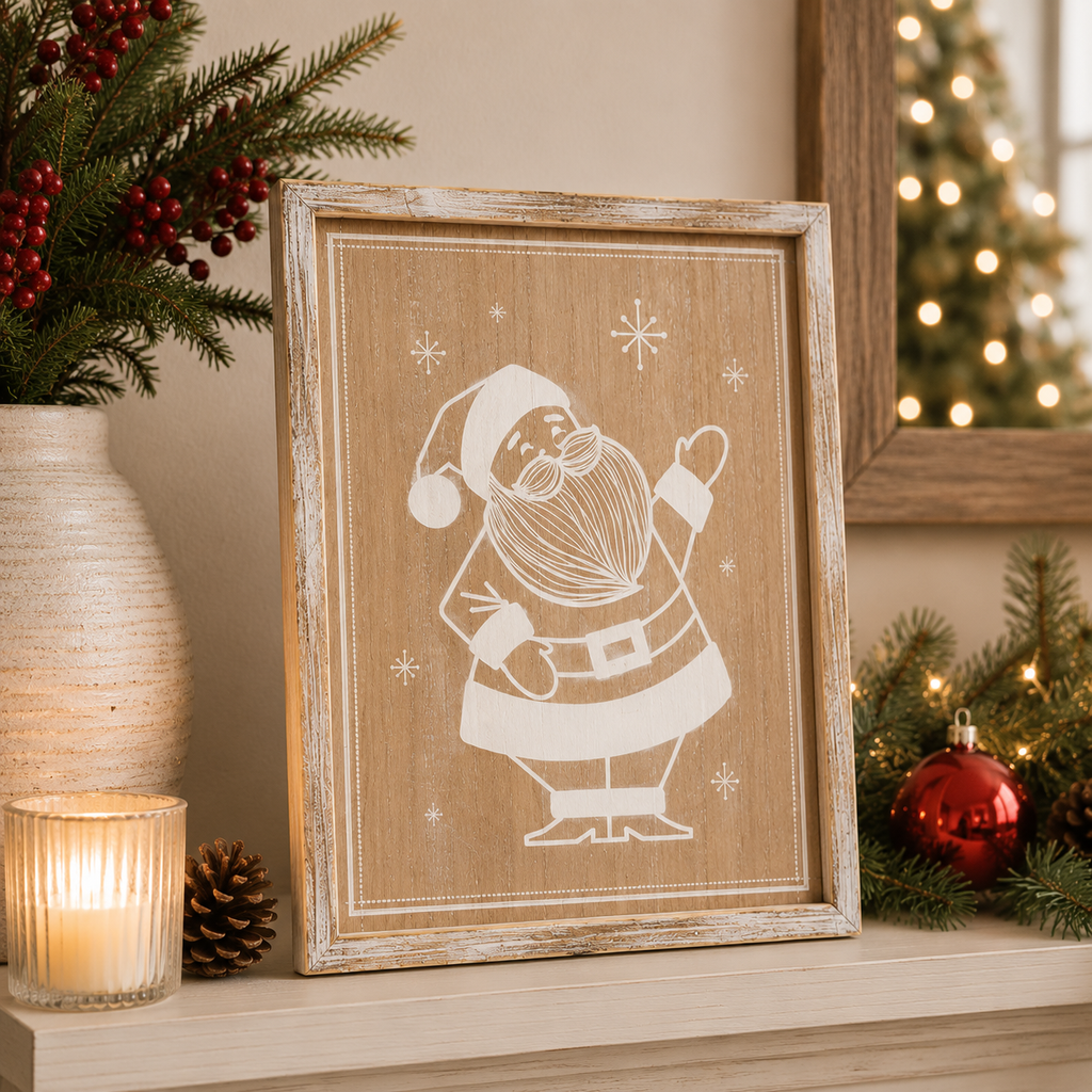 13" x 17" Reversible Wood Frame Sign - Santa/Tree | Natural & White | Mid Century Collection