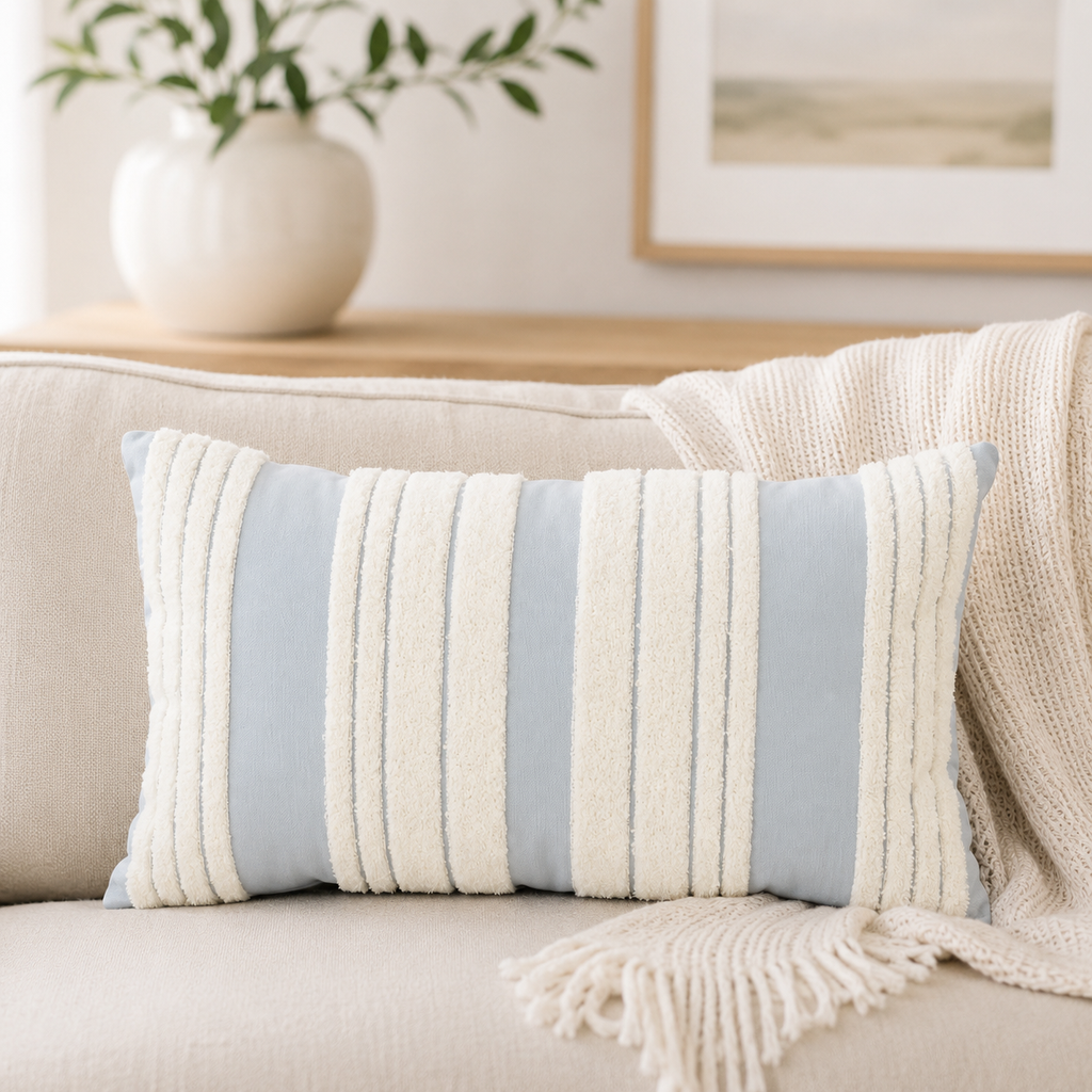19" x 11" Striped Pillow - White and Blue | Scalloped Collection