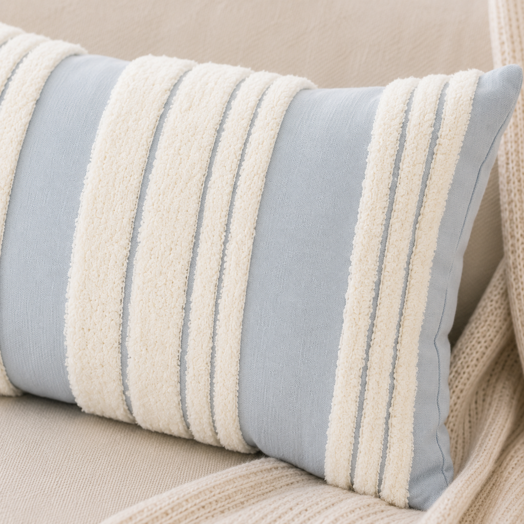 19" x 11" Striped Pillow - White and Blue | Scalloped Collection