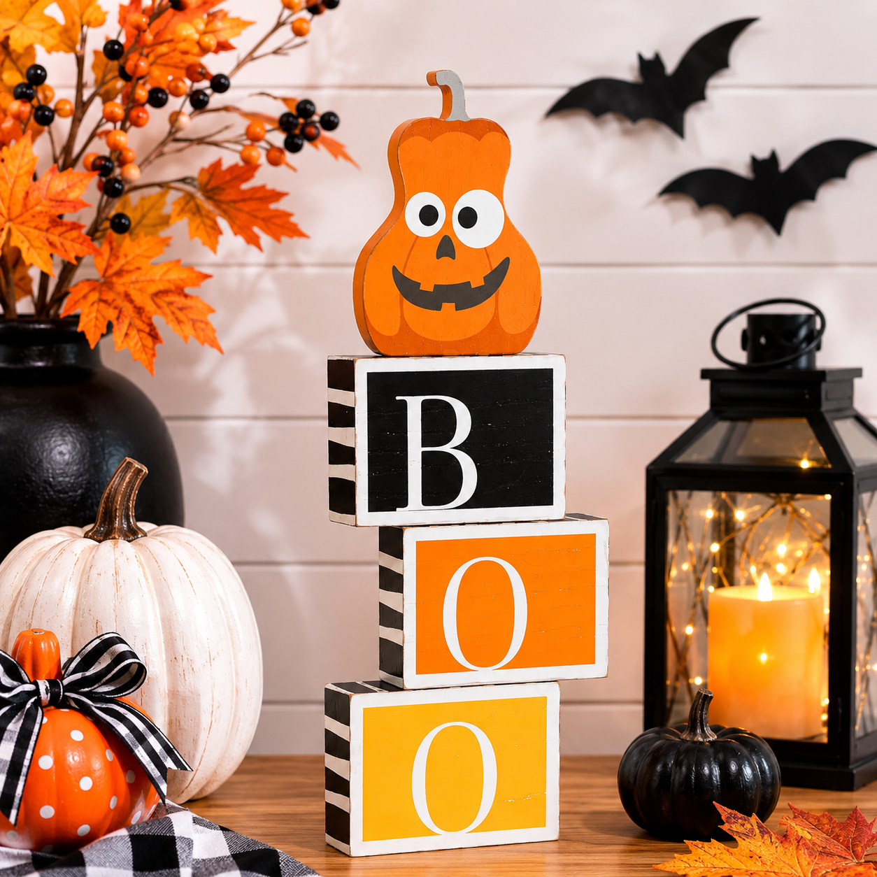 14" Reversible Wood Blocks - Boo/Pie | Multicolor | Pumpkins and Sweets Collection