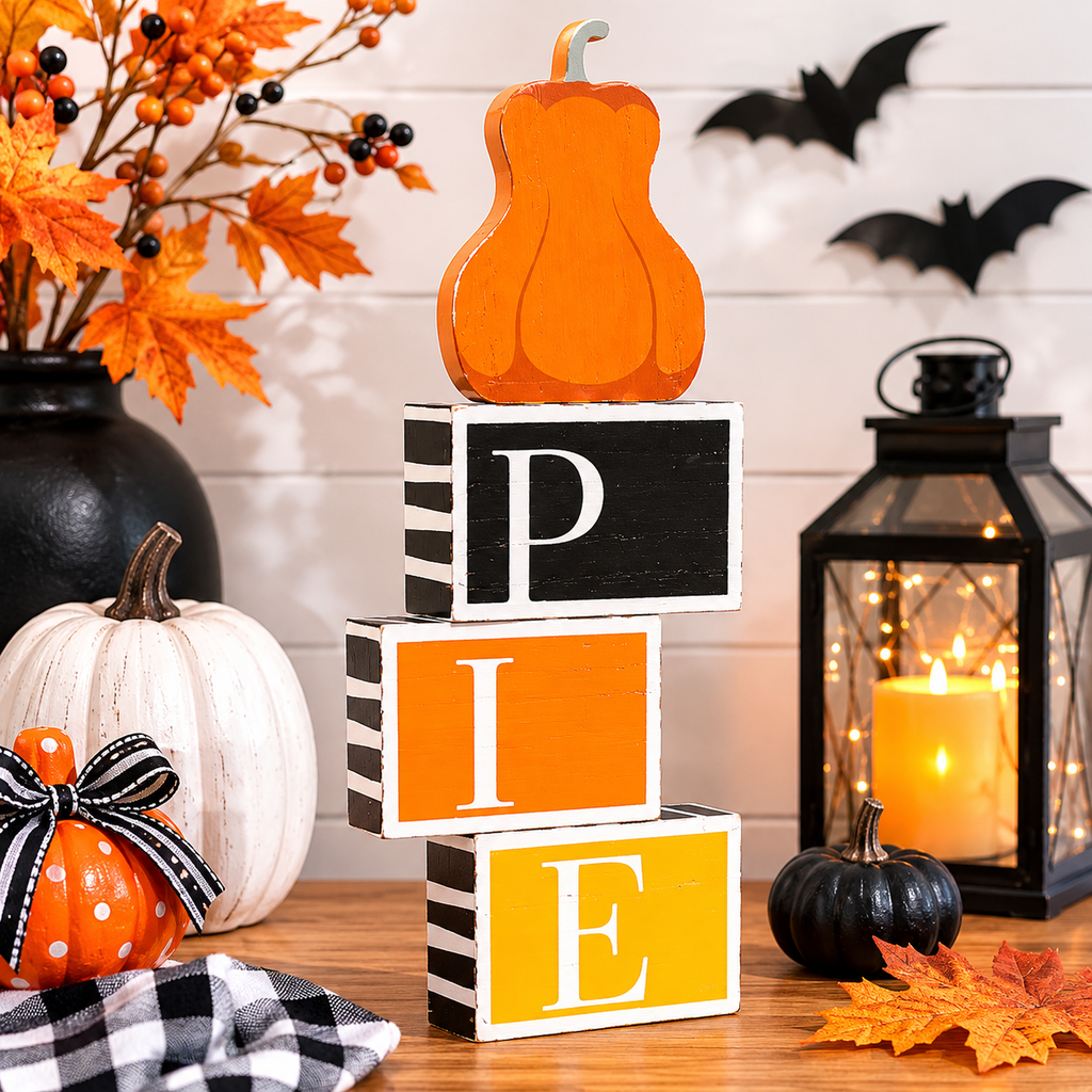 14" Reversible Wood Blocks - Boo/Pie | Multicolor | Pumpkins and Sweets Collection