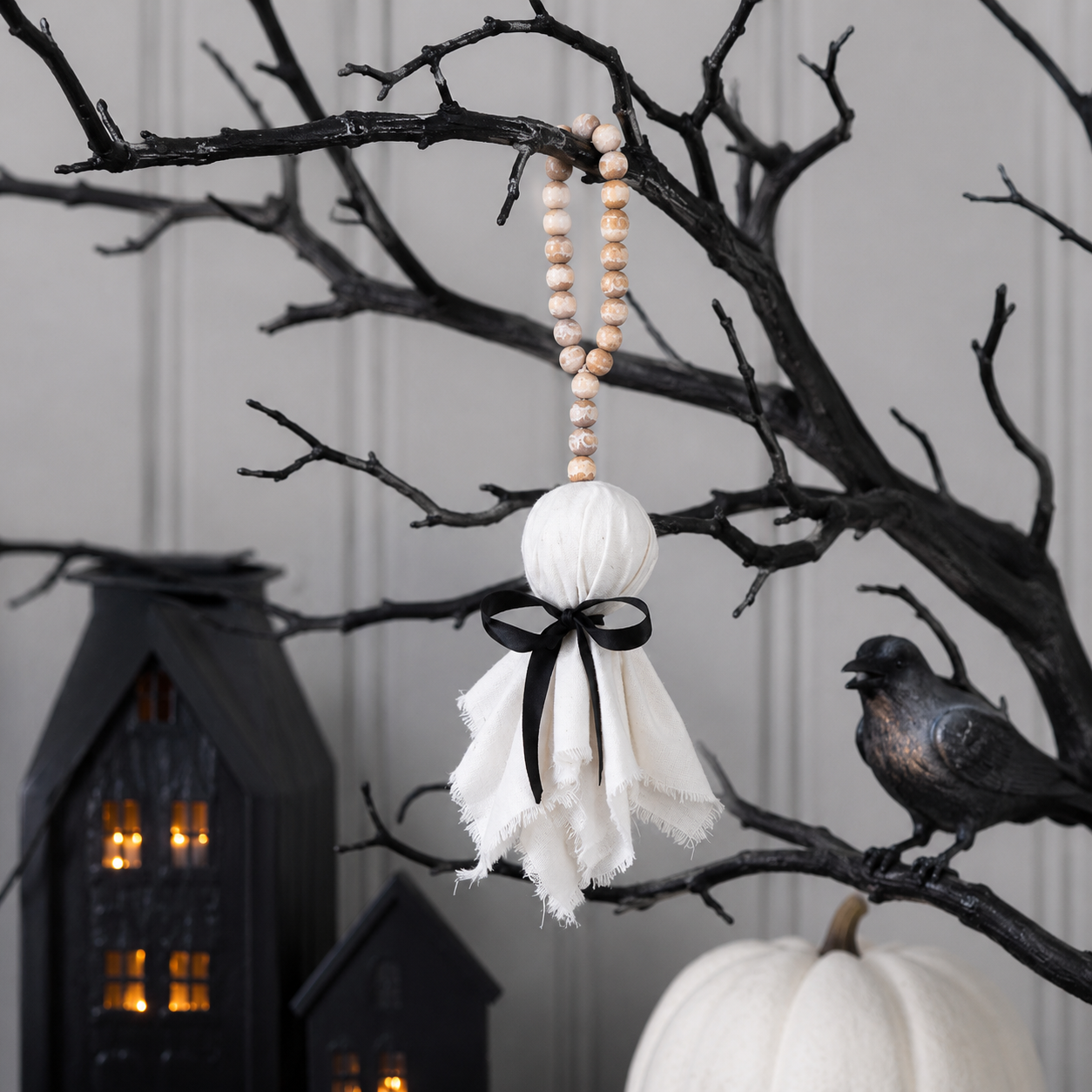 13" Wood Bead Ornament - Ghost | White, Black and Natural