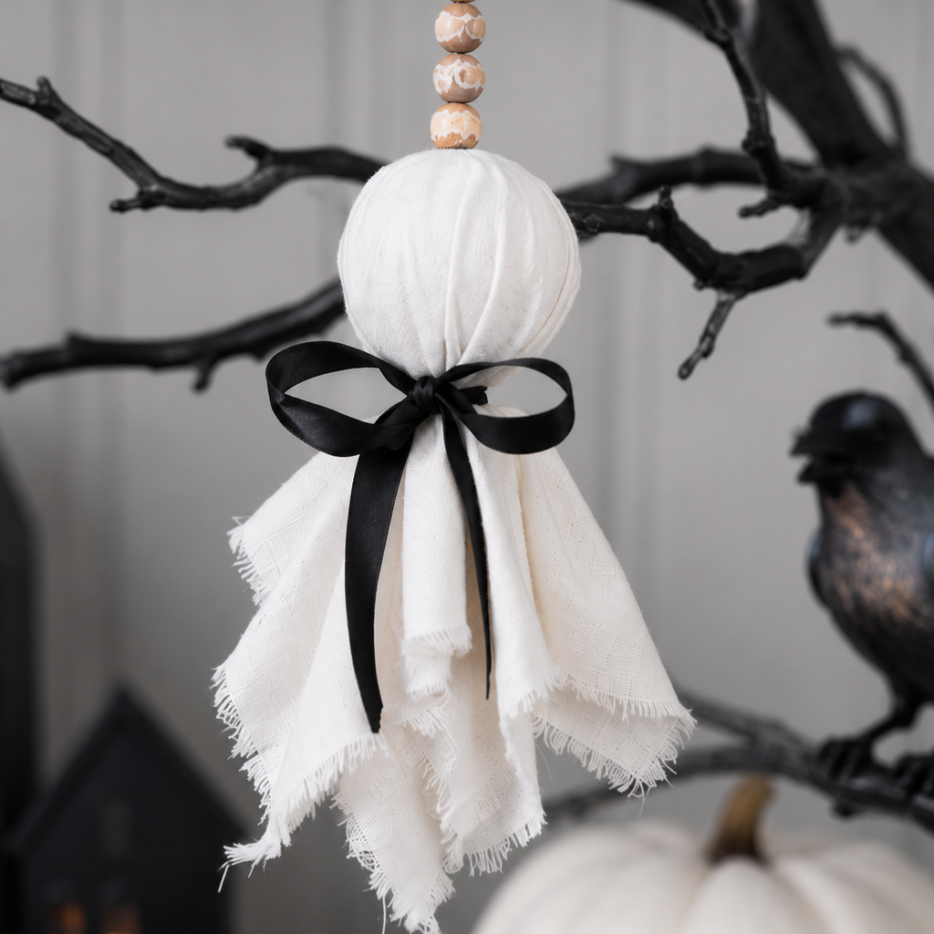 13" Wood Bead Ornament - Ghost | White, Black and Natural