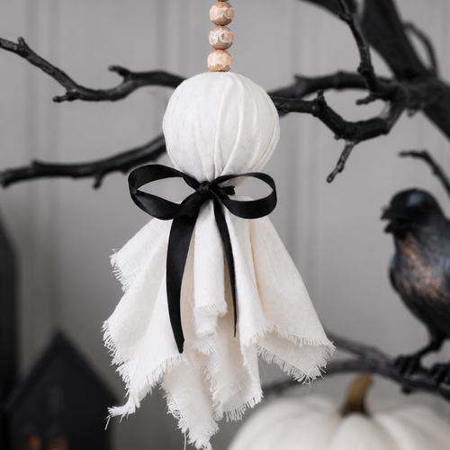 13" Wood Bead Ornament - Ghost | White, Black and Natural