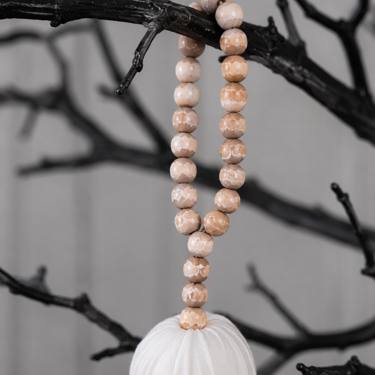 13" Wood Bead Ornament - Ghost | White, Black and Natural