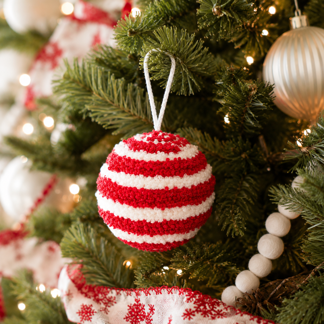 3" Yarn Ball Ornament - Red and White