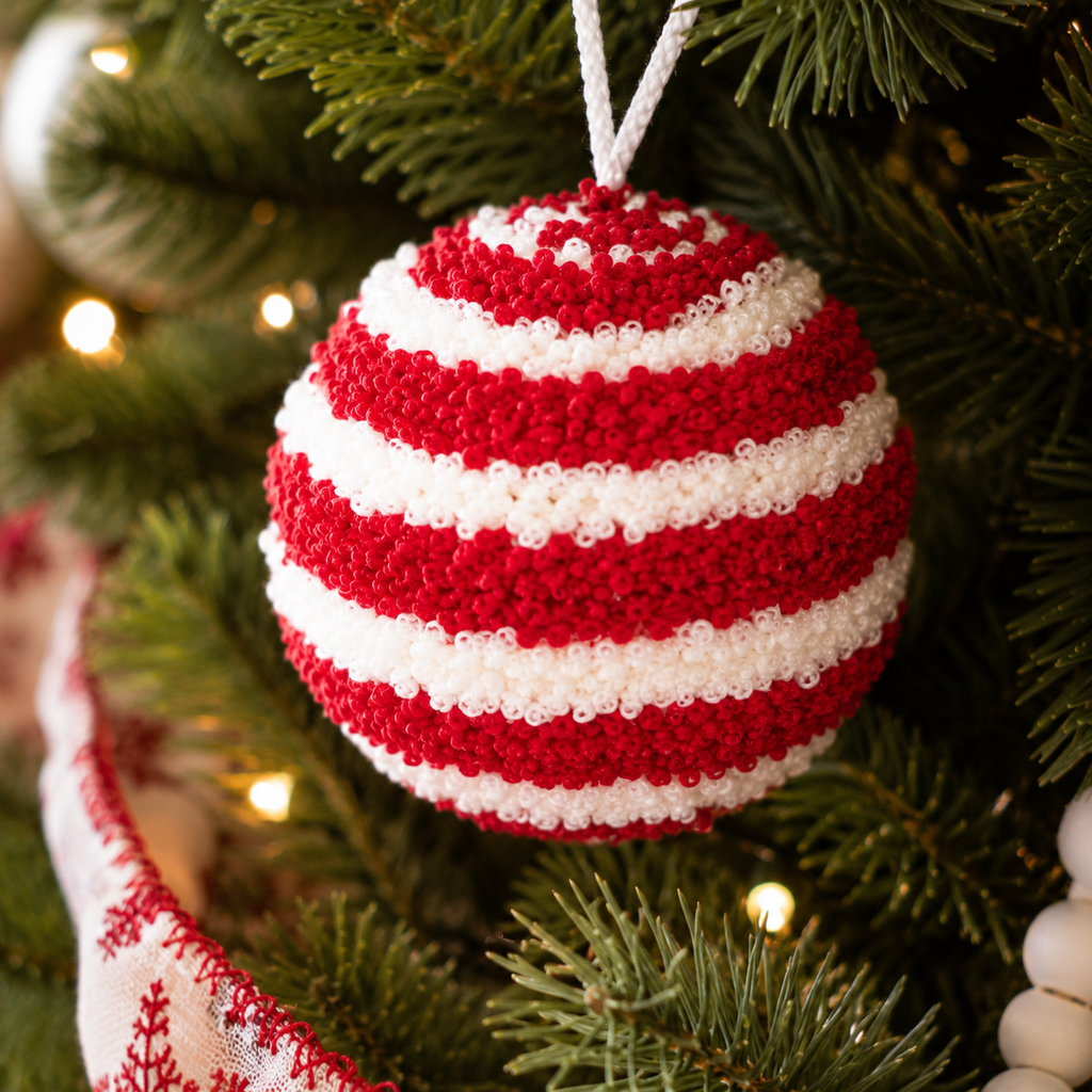 3" Yarn Ball Ornament - Red and White