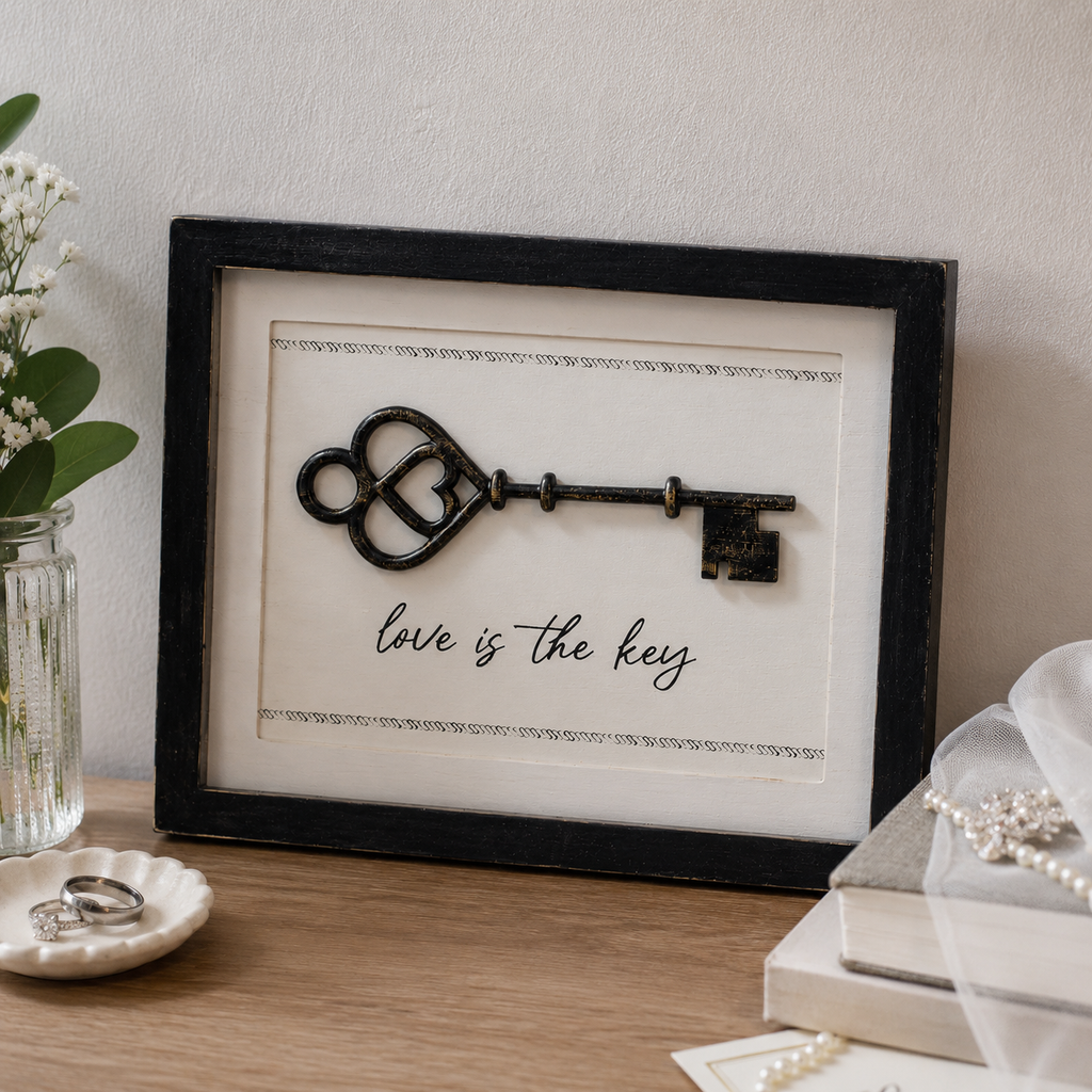 13" x 10" Reversible Wood Frame Sign - Love is the Key/You + Me | White and Black | You and Me Collection