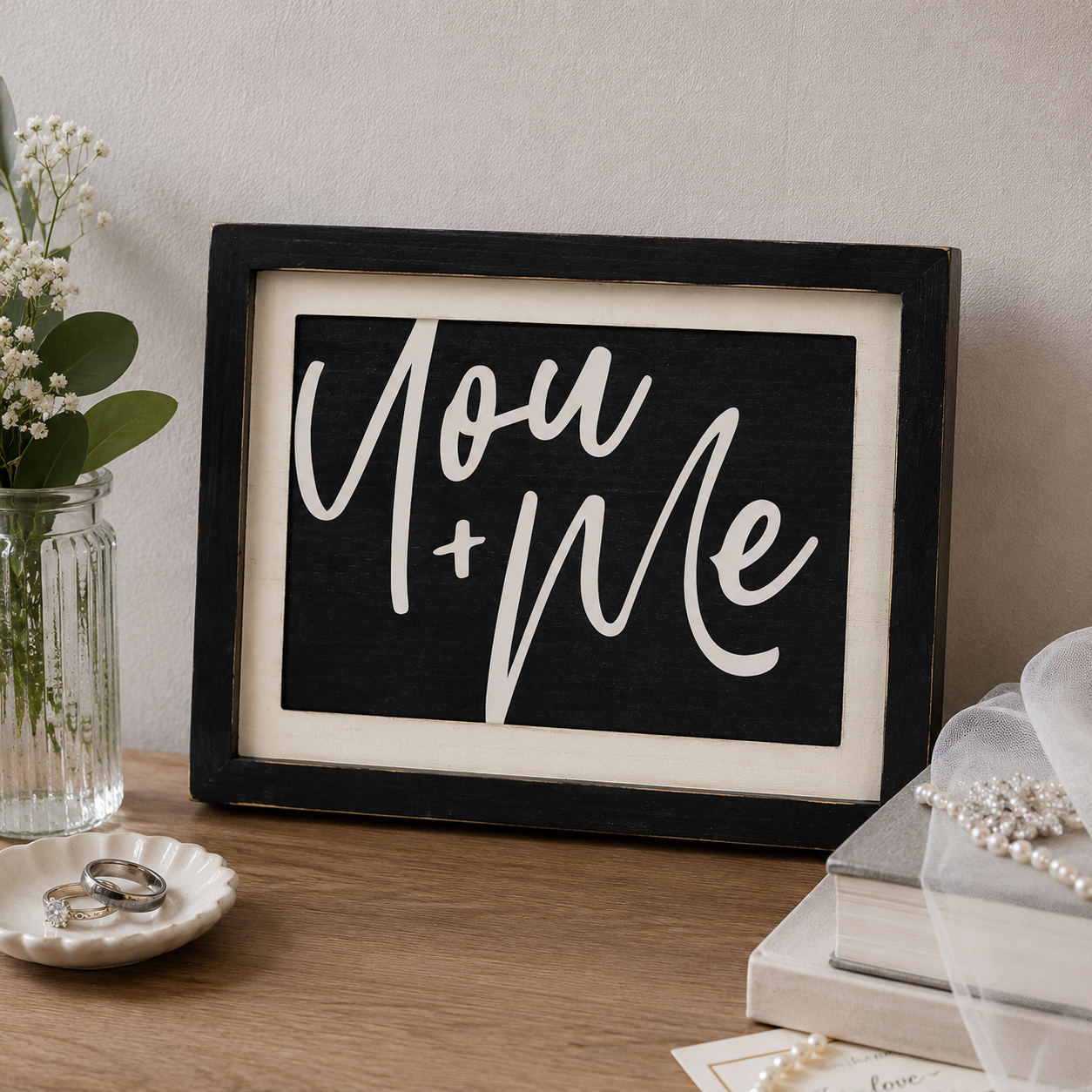 13" x 10" Reversible Wood Frame Sign - Love is the Key/You + Me | White and Black | You and Me Collection